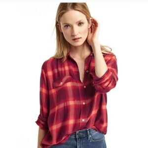 Gap + Pendleton Women Red Pink Plaid Flannel "Boyfriend" Button Down Shirt XL
